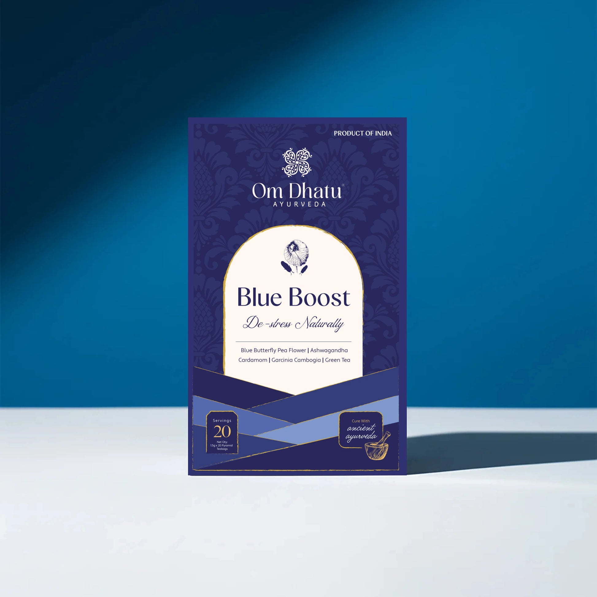 Box of Omdhatu Ayurvedic Blue Tea (Butterfly Pea Flower) bags, known for its vibrant natural color and antioxidant benefits