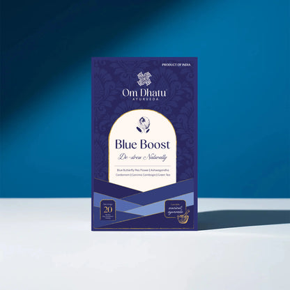 Box of Omdhatu Ayurvedic Blue Tea (Butterfly Pea Flower) bags, known for its vibrant natural color and antioxidant benefits