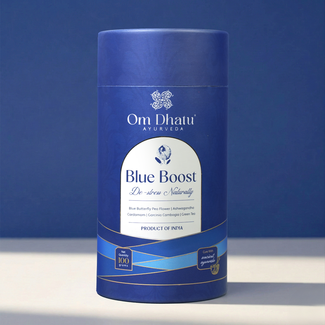 Premium Omdhatu Blue Tea Can , showcasing the vibrant, whole-dried Butterfly Pea flowers