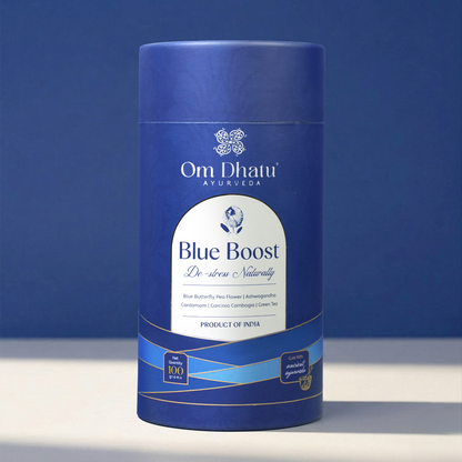 Premium Omdhatu Blue Tea Can , showcasing the vibrant, whole-dried Butterfly Pea flowers