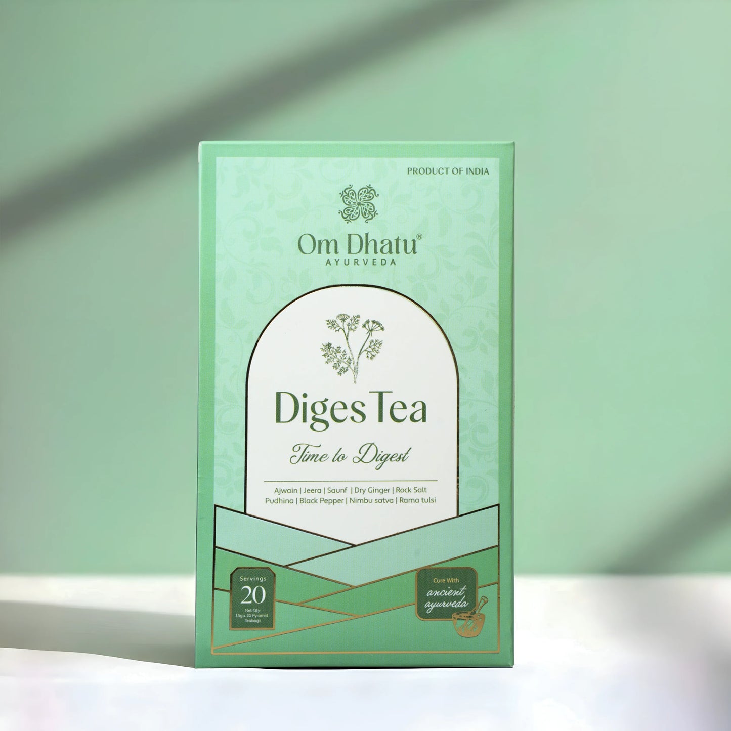 Box of Omdhatu Ayurvedic Diges Tea bags, specifically formulated for digestive health and bloating relief.