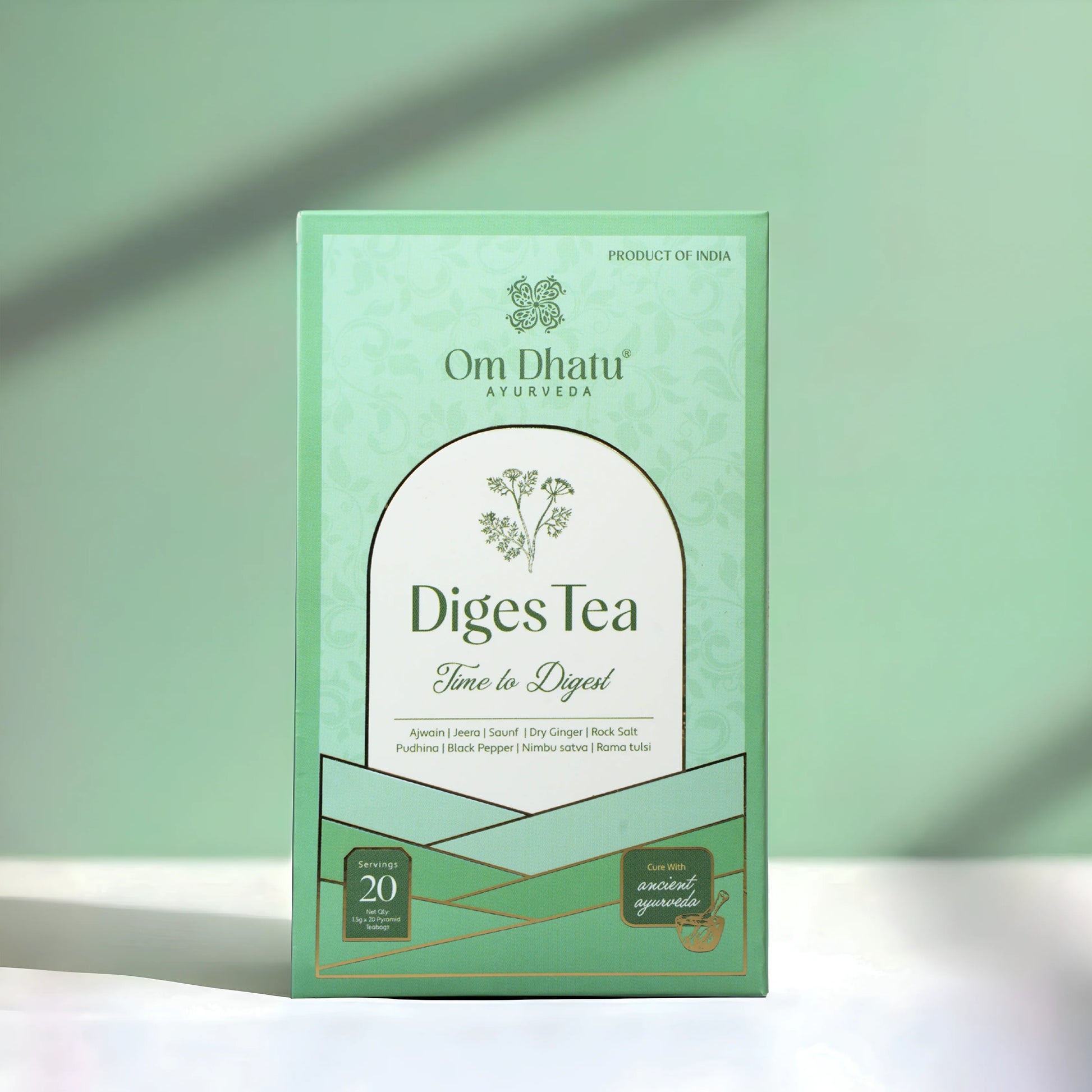 Box of Omdhatu Ayurvedic Diges Tea bags, specifically formulated for digestive health and bloating relief.