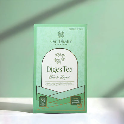 Box of Omdhatu Ayurvedic Diges Tea bags, specifically formulated for digestive health and bloating relief.