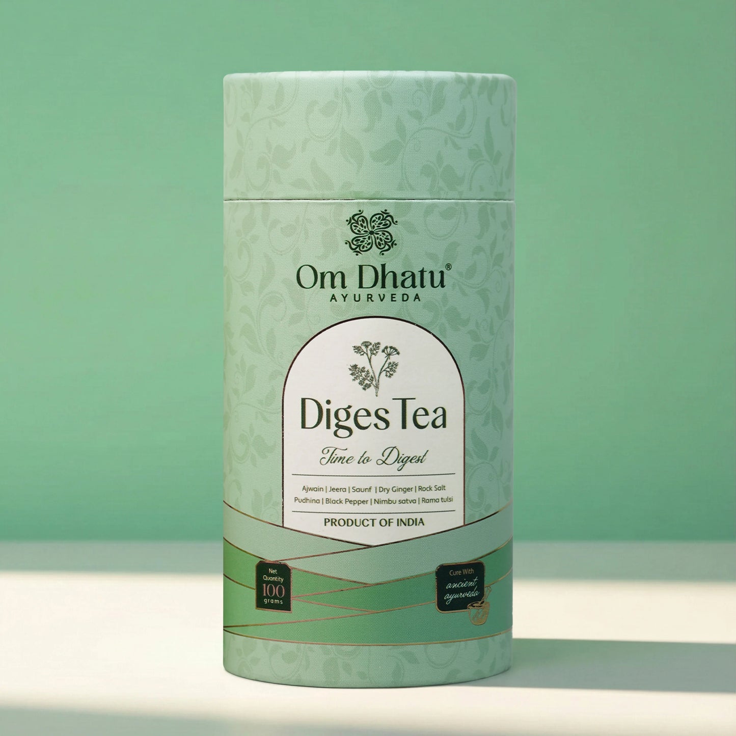 Close-up of the Omdhatu Diges Tea loose-leaf blend, featuring dried fennel seeds and ginger shards inside the open can.