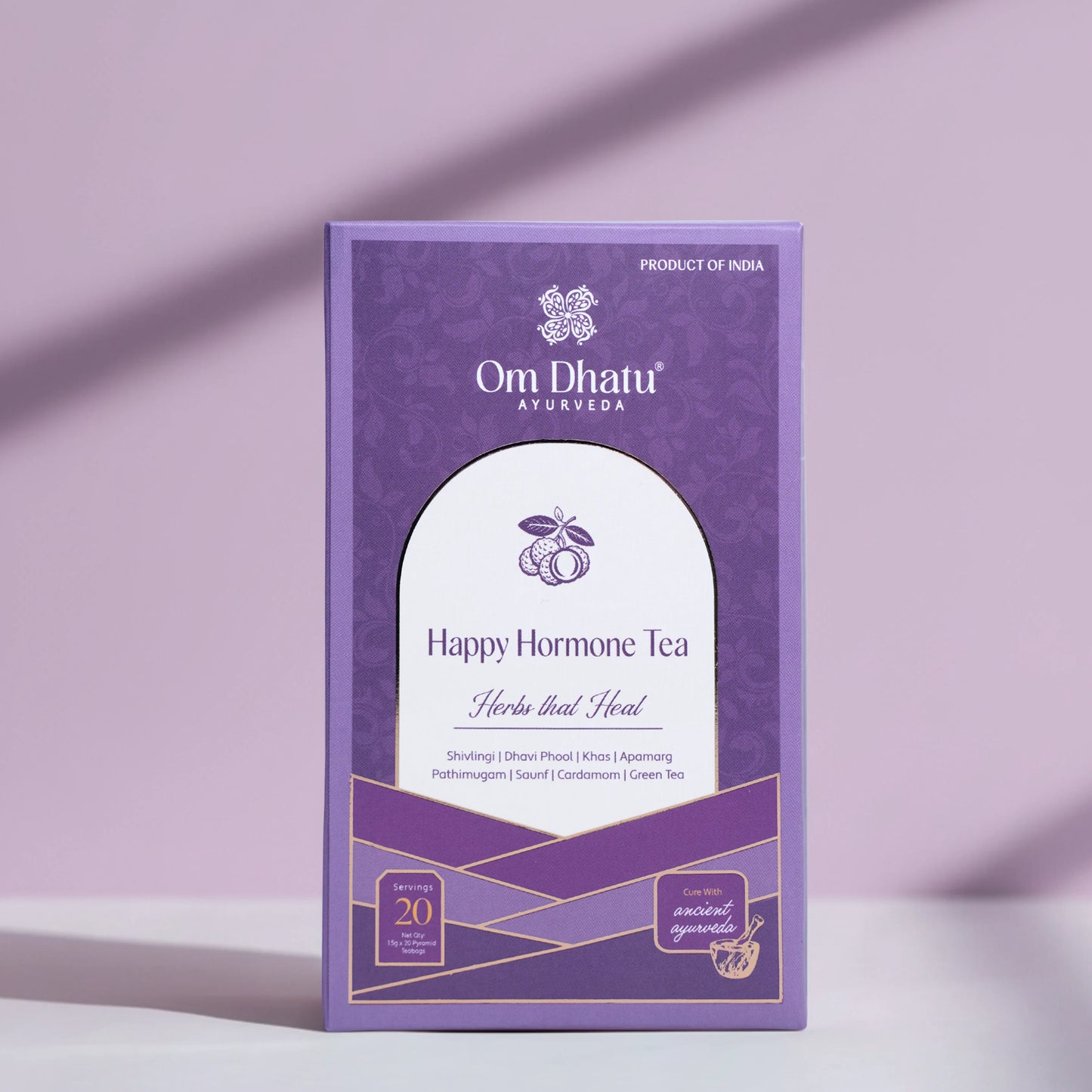 Close-up of the soothing, mood-balancing herbal ingredients used in Omdhatu Happy Hormone tea Bags