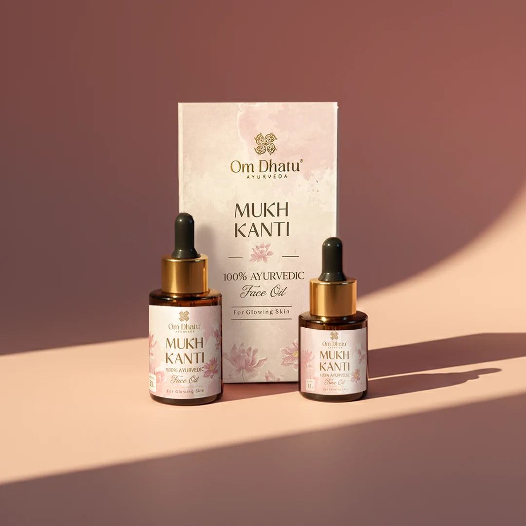 Omdhatu Mukh Kanti Ayurvedic face oil in a glass dropper bottle, designed for daily skin brightening.