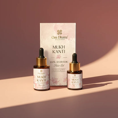 Omdhatu Mukh Kanti Ayurvedic face oil in a glass dropper bottle, designed for daily skin brightening.